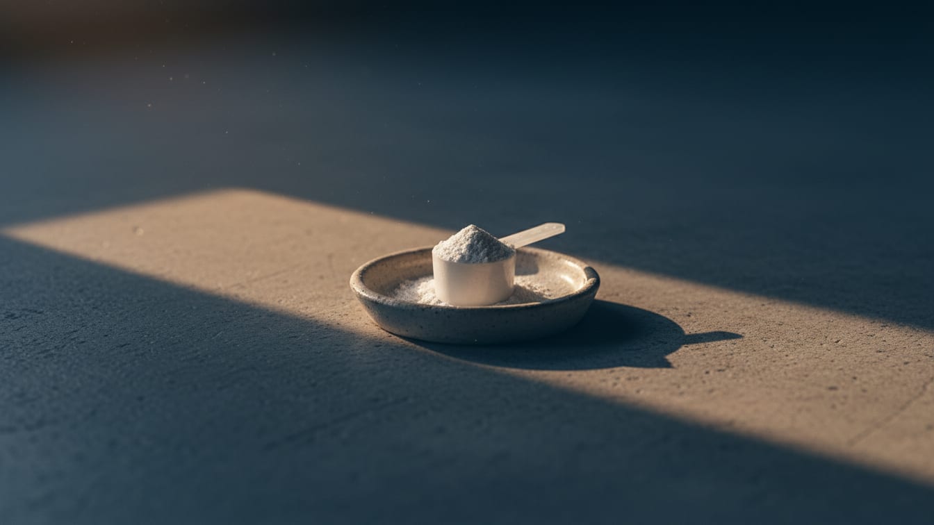 Illustration: A scoop of creatine powder on a small dish on a concrete surface, lit by predawn blue and warm light.