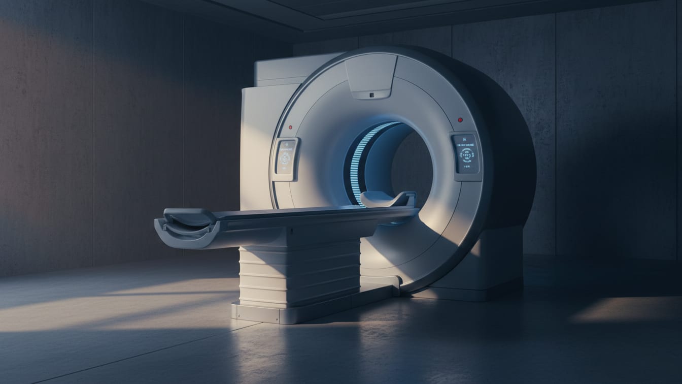 Illustration: An empty brain scanner bore, patient bed extended, in cool, sterile light.