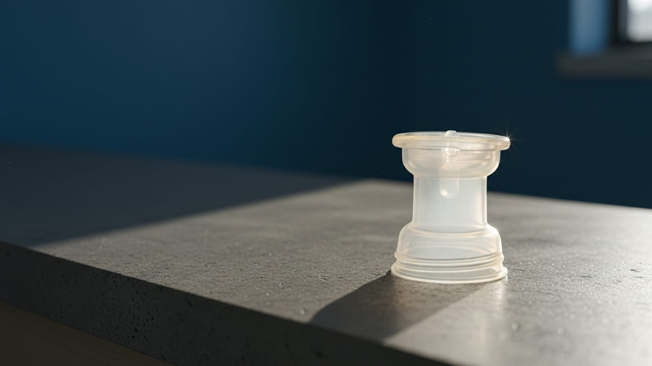 Illustration: An unbranded breast pump flange on a concrete counter, lit by warm daylight, against a deep blue.