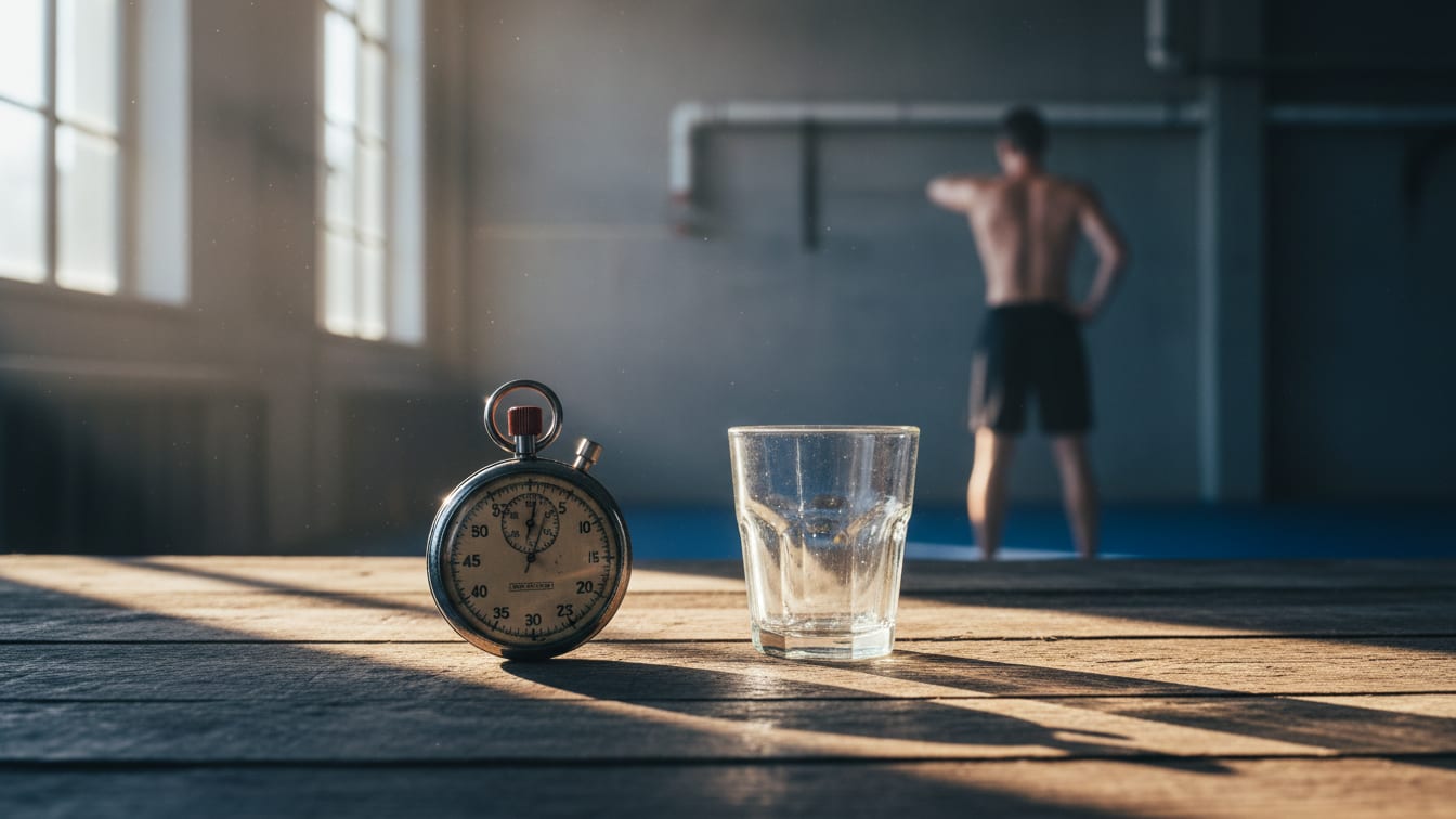 Illustration: A stop-watch and an empty glass on a wooden table, lit by morning sun.