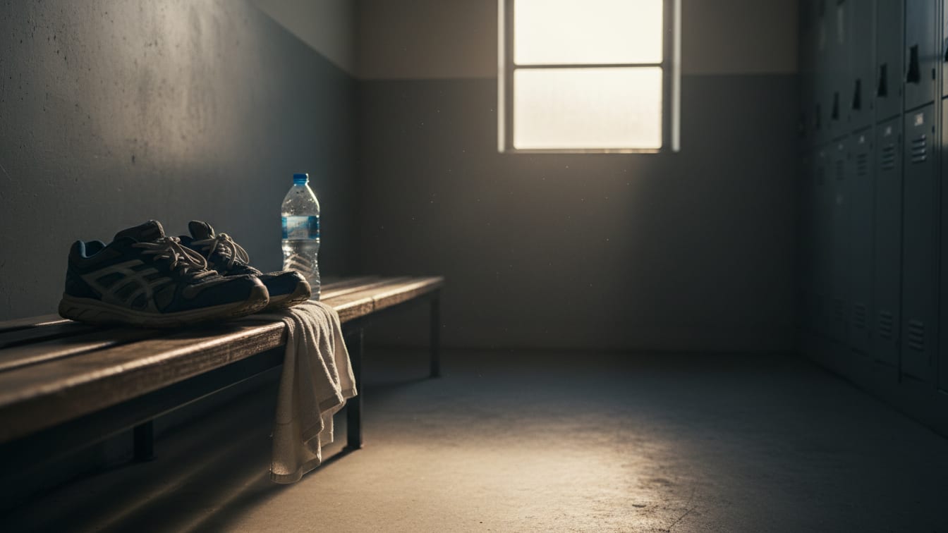 Illustration: Athletic shoes, a towel, and a water bottle on a locker room bench in morning light.
