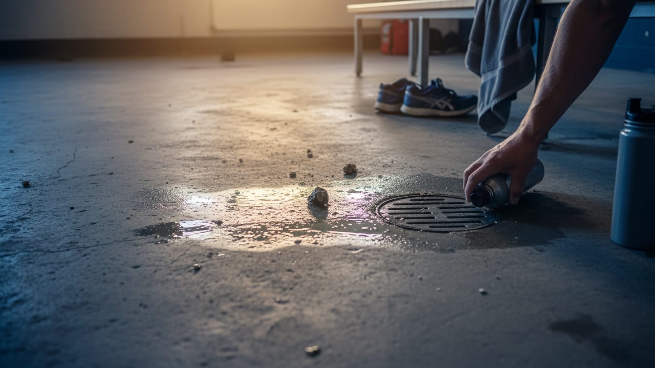 Illustration: A damp concrete floor with water drops in a locker room, reflecting warm and blue light.
