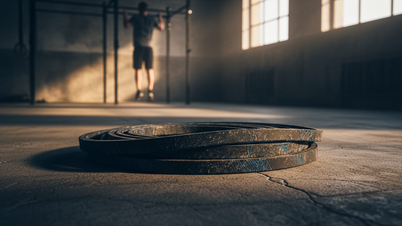 Illustration: A coiled resistance band on a concrete floor in an early morning training hall.