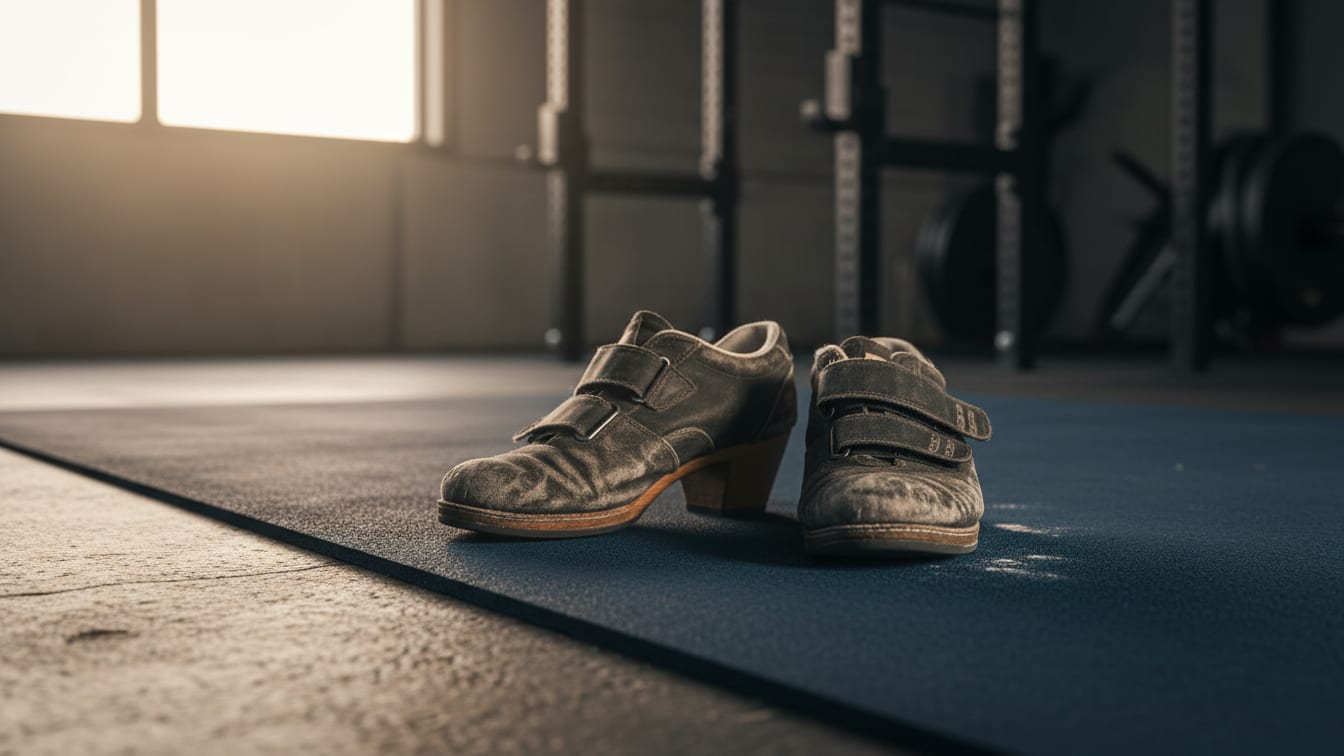Illustration: Weightlifting shoes on a deep blue gym mat in early morning light.