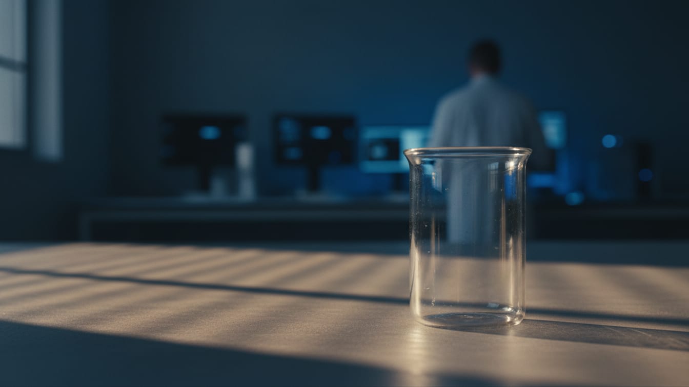 Illustration: An empty glass beaker on a concrete lab bench with a deep blue background.