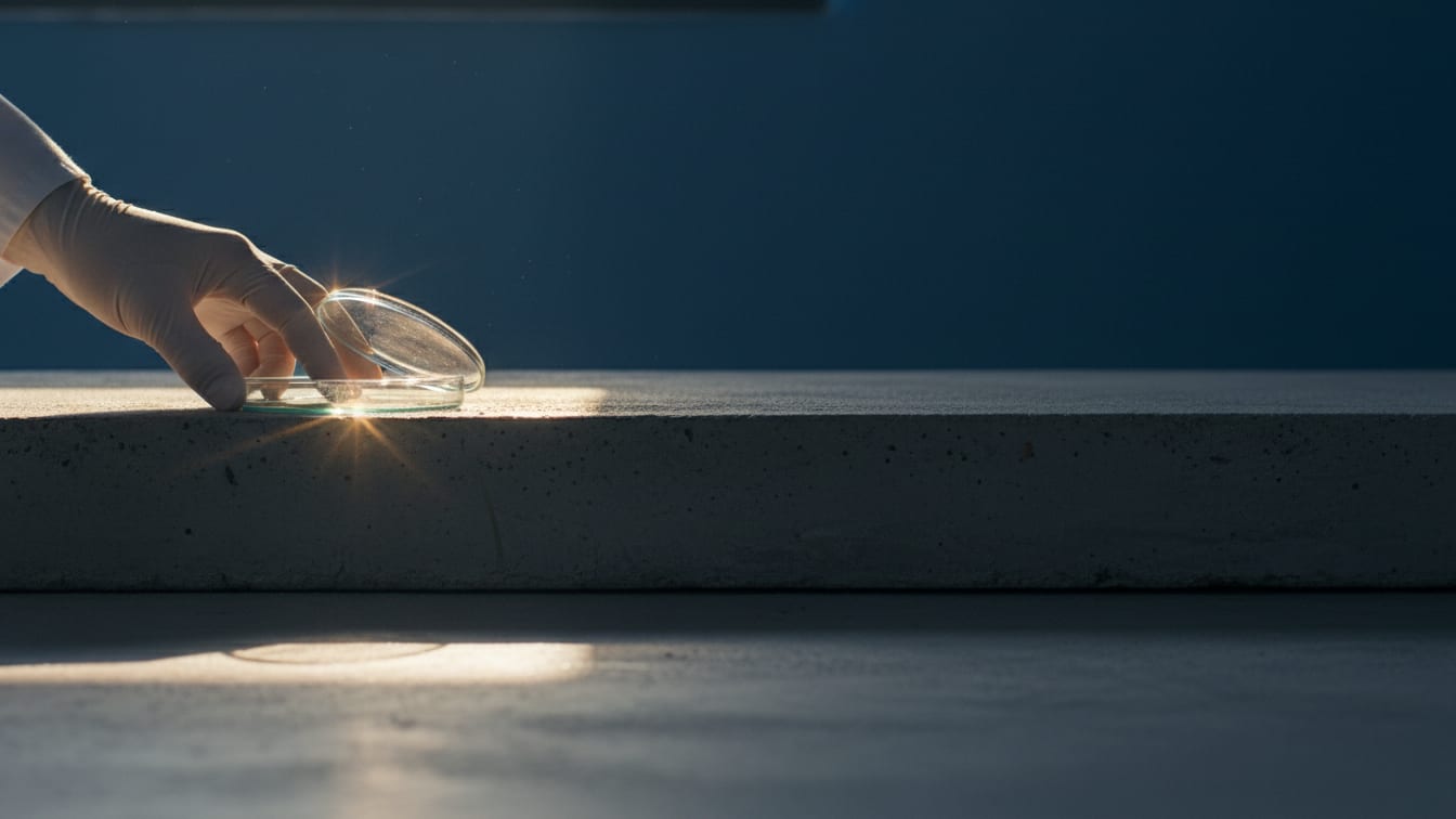 Illustration: An open petri dish on a concrete lab bench, lit by warm morning light.