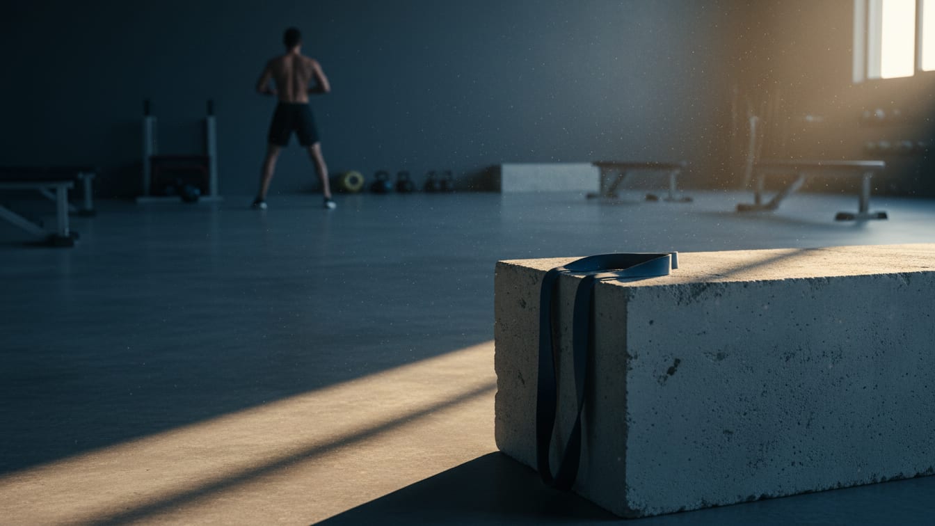 Illustration: Resistance bands on a concrete block in a gym, lit by warm morning light.
