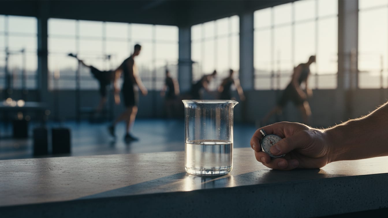 Illustration: A clear glass beaker on a concrete lab bench in morning light.