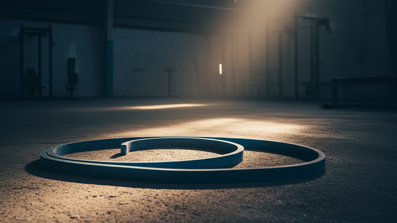Illustration: A coiled resistance band on a concrete floor in a training hall, lit by early morning light.