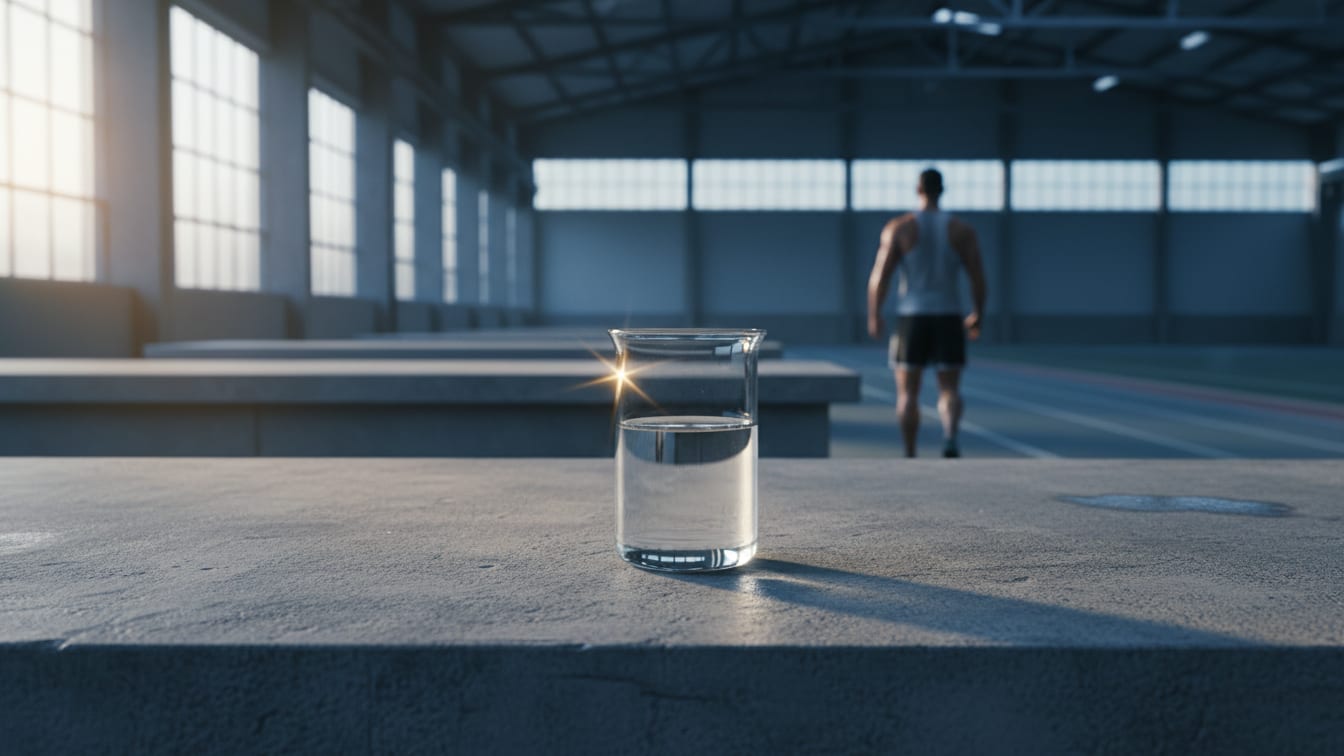 Illustration: A clear beaker with liquid on a concrete lab bench in cool morning light.