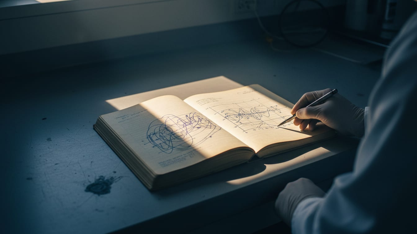 Illustration: A scientific journal with a graph lies open on a concrete bench in cool morning light.