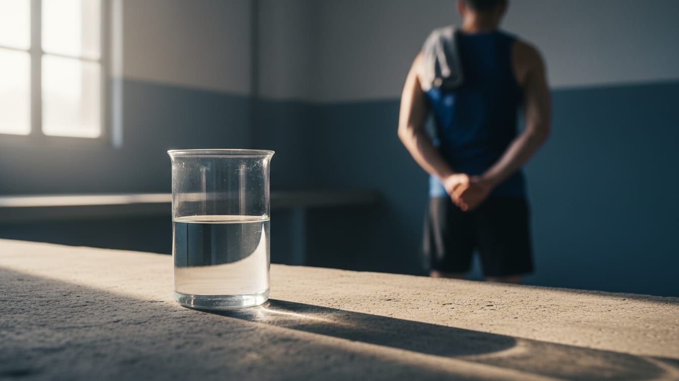 Illustration: A glass beaker with clear liquid on a concrete lab bench in soft morning light.
