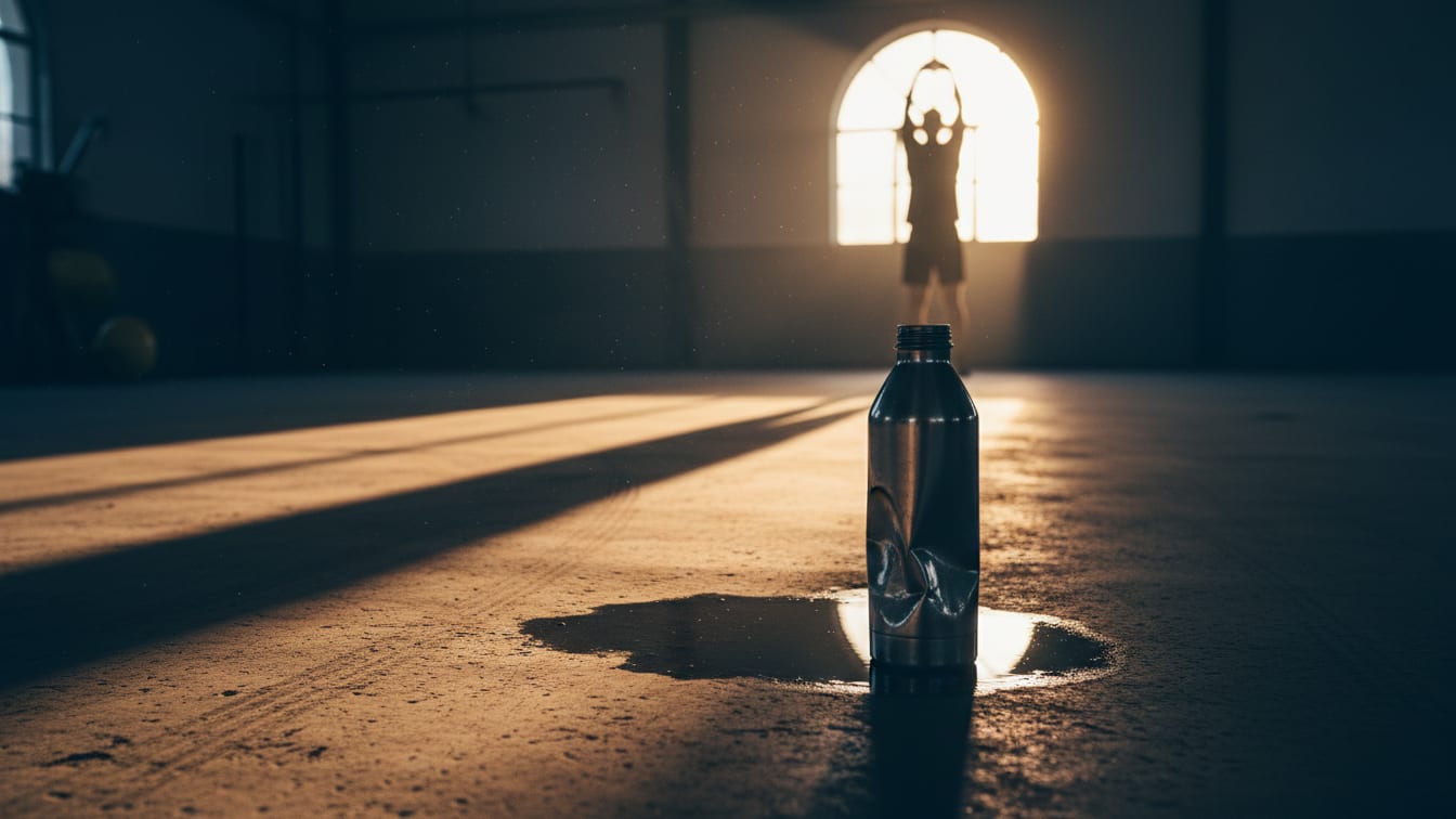 Illustration: A water bottle on a concrete gym floor next to a small puddle, lit by morning sun.