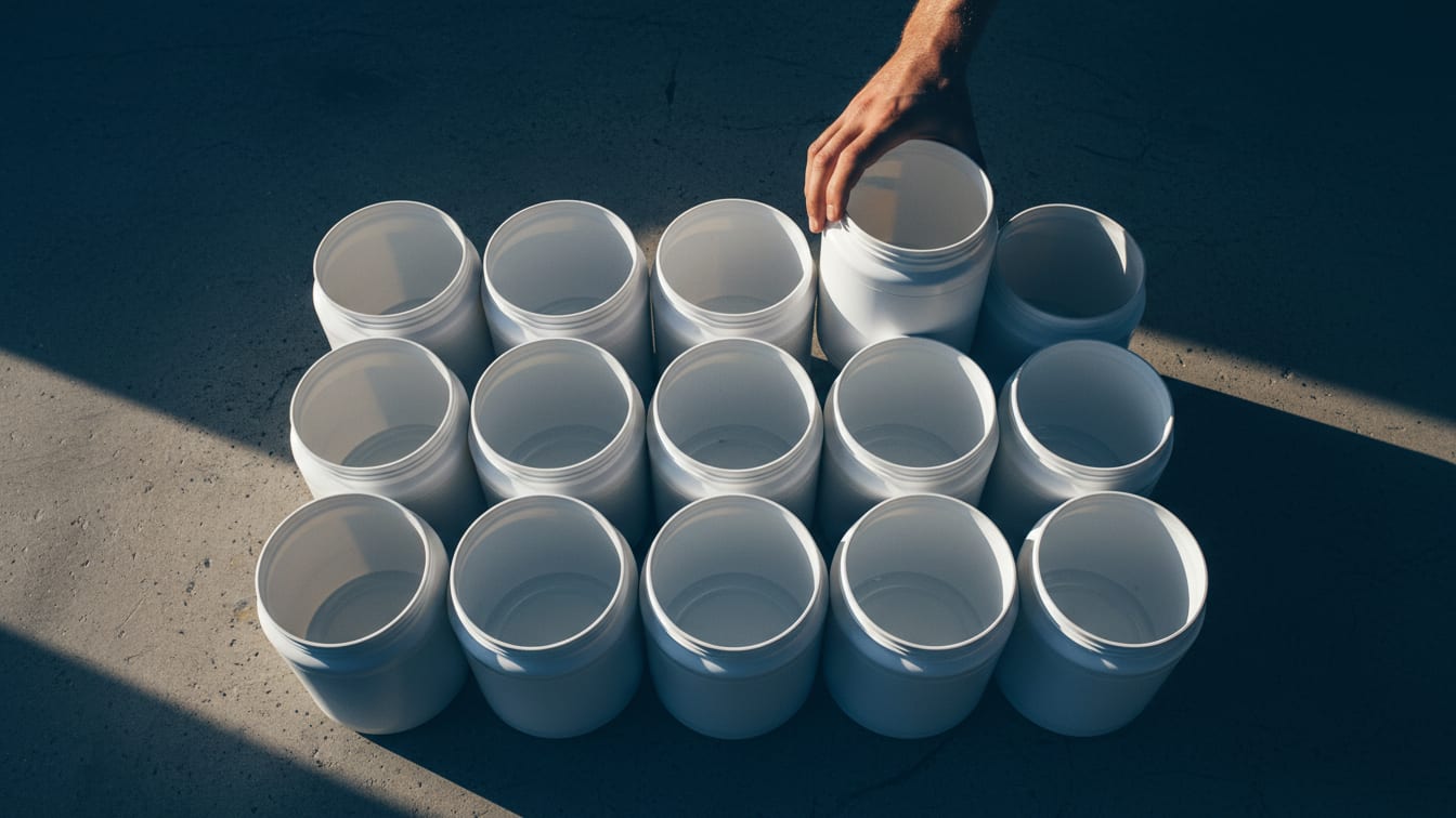 Illustration: A stack of plain white unbranded tubs on a concrete surface under deep blue light.
