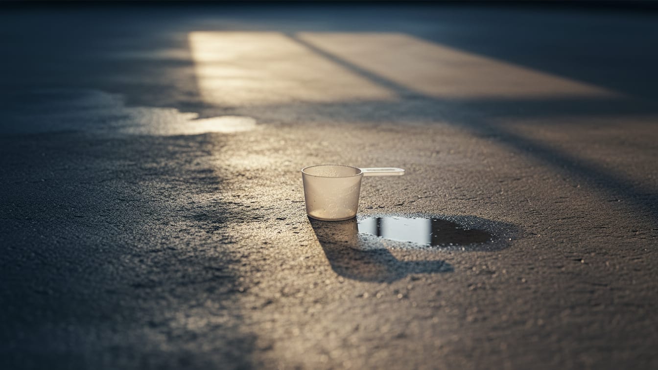 Illustration: An empty, clear supplement scoop on a damp concrete floor in cool morning light.