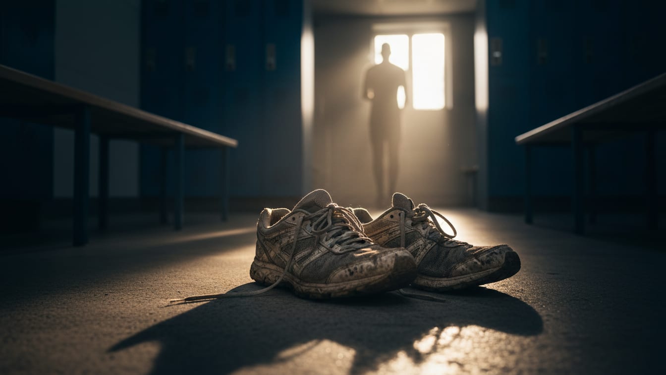 Illustration: Worn athletic shoes on a concrete floor in a locker room with deep blue shadows and warm light.