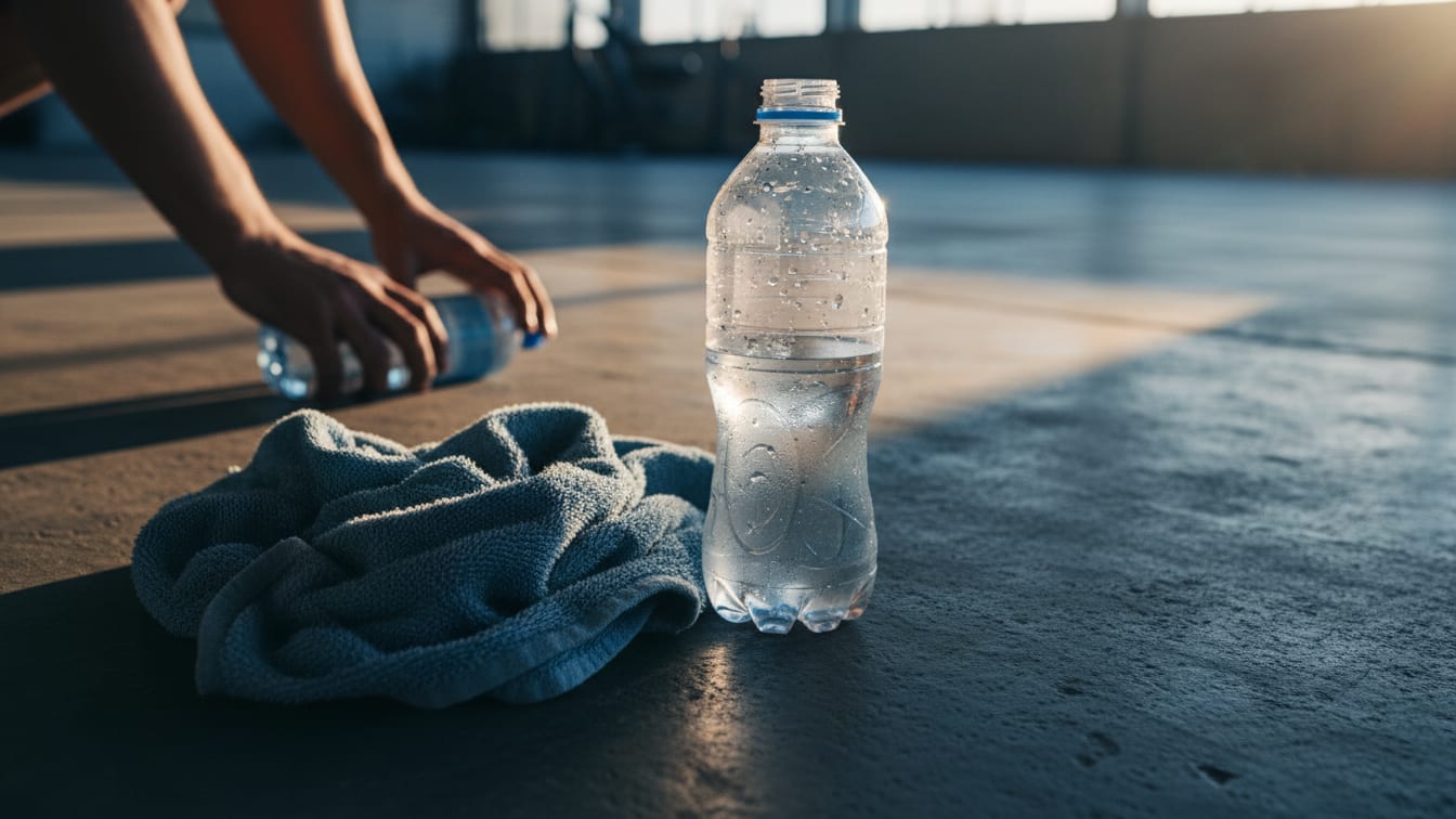 Illustration: A water bottle and a damp towel on a concrete gym floor in warm morning light.