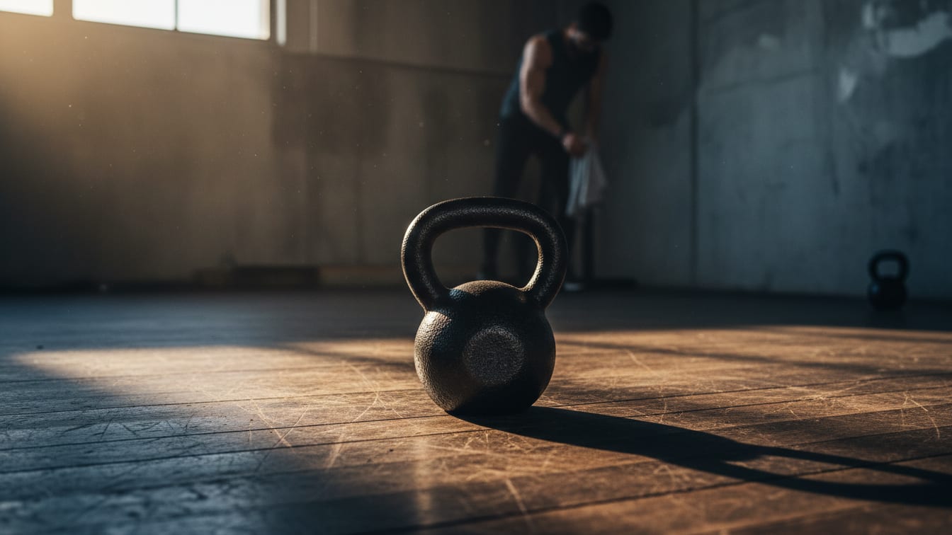 Illustration: A kettlebell on a wooden gym floor, lit by warm morning sun.