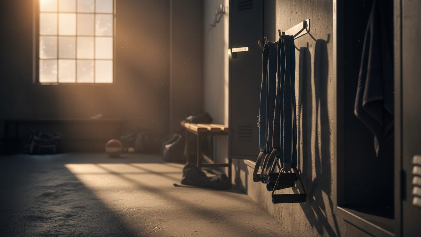 Illustration: Resistance bands hanging on a hook in a locker room with warm morning light.