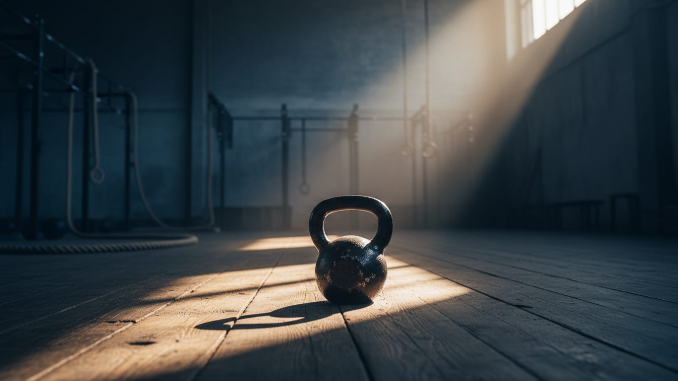 Illustration: A scuffed kettlebell sits on a wooden floor in a training hall with warm daylight.