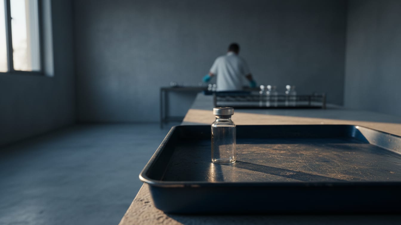 Illustration: A solitary empty glass vial on a dark blue medical tray in a sterile, concrete-grey laboratory.