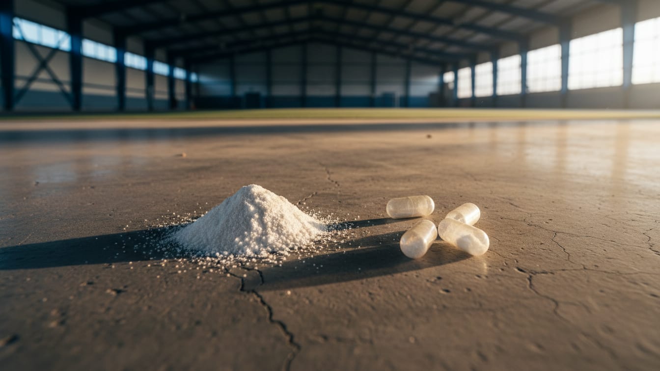 Illustration: Creatine powder and empty gelatin capsules on a concrete surface.