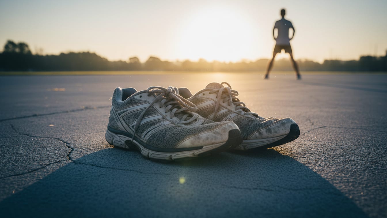 Illustration: Worn running shoes on a concrete track at dawn, bathed in warm sunlight.