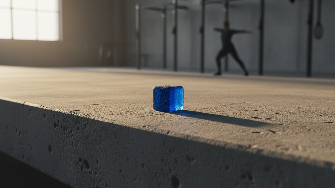 Illustration: A single translucent blue cube on a concrete ledge in a gym, with a person stretching out of focus in the background.