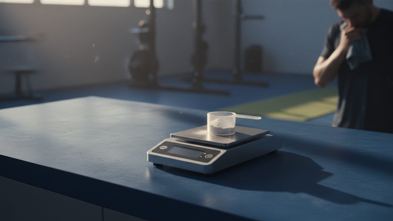 Illustration: A scientific scale with a scoop of white powder on a blue counter under cool light.