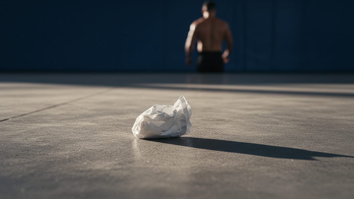 Illustration: A crumpled paper wrapper from a creatine supplement on a cold, grey concrete surface.
