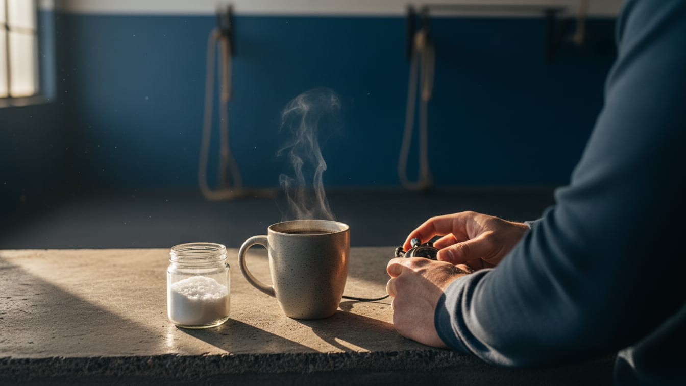 Illustration: A steaming mug of coffee on a concrete counter next to an open jar of white powder in morning light.