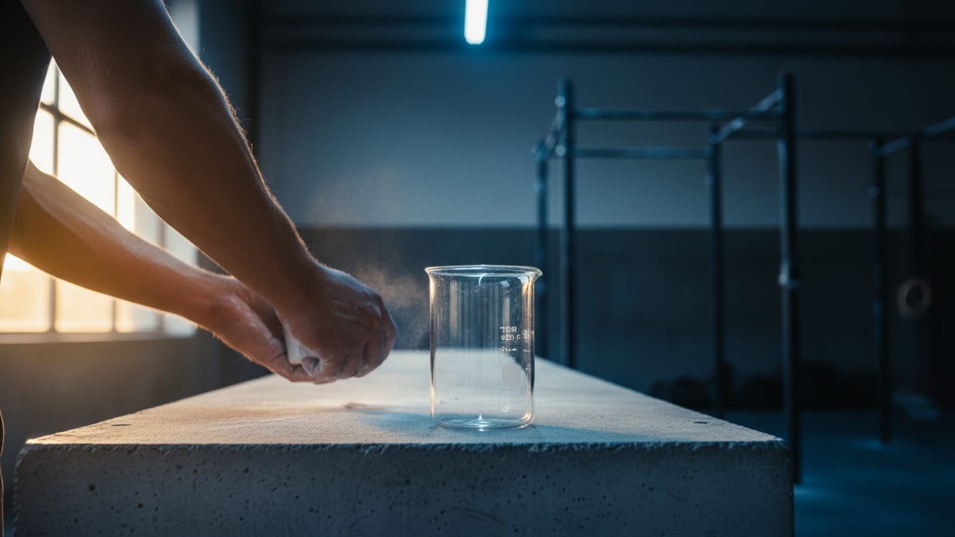 Illustration: An empty glass beaker on a concrete lab bench, lit by blue and warm light.