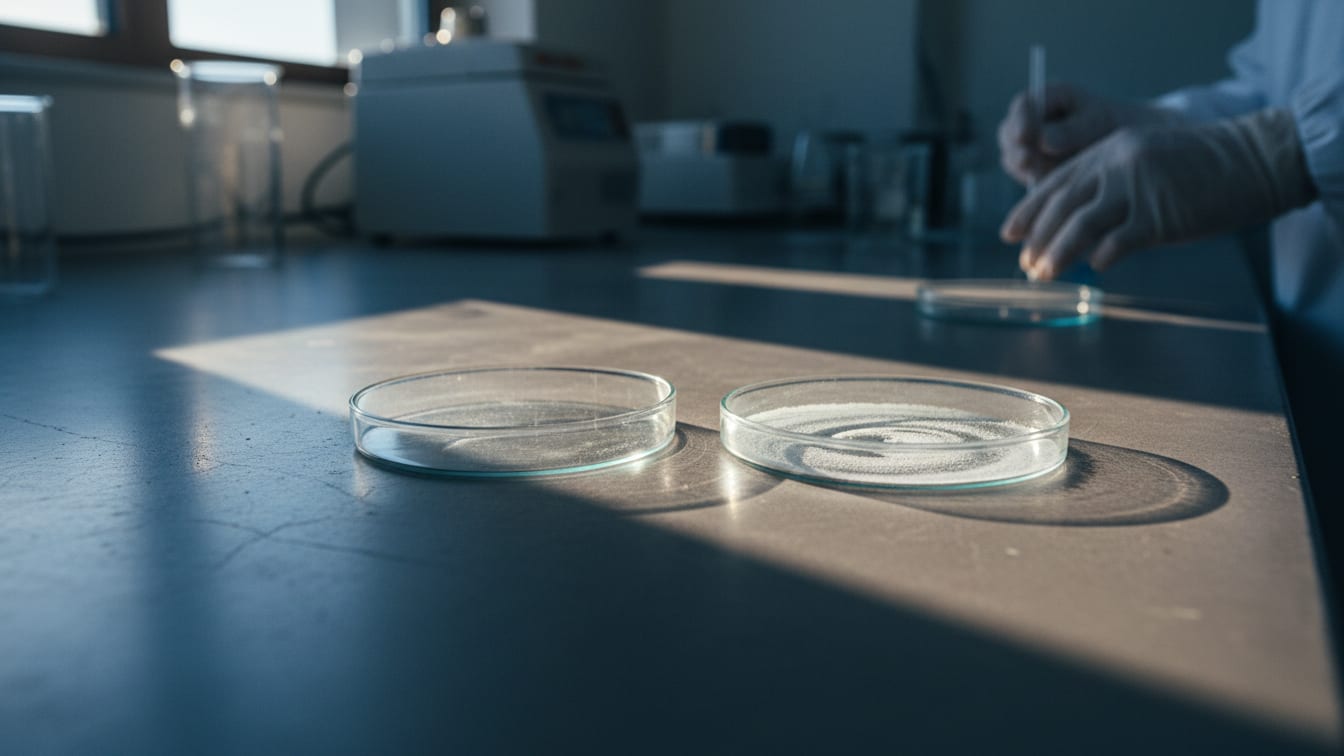 Illustration: Two unbranded petri dishes on a concrete lab bench, one with a powdered substance, under cool light.