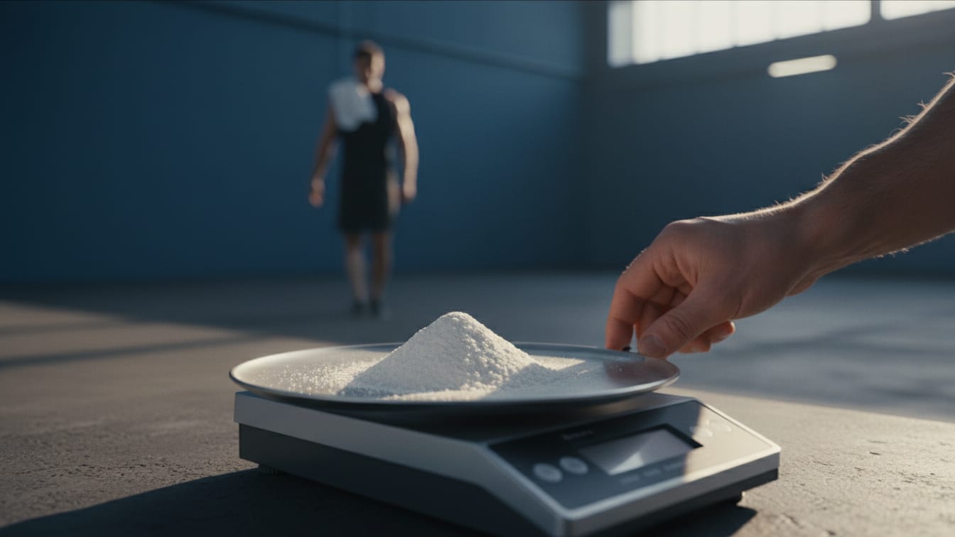Illustration: A crystalline powder on a lab scale pan, with warm light and deep blue tones.