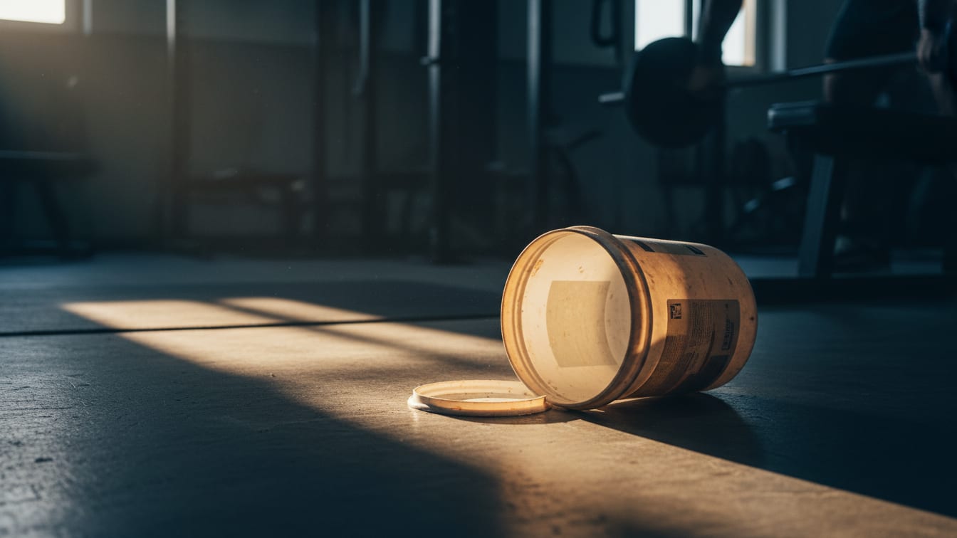 Illustration: An empty, unbranded plastic tub on a concrete floor in morning light.