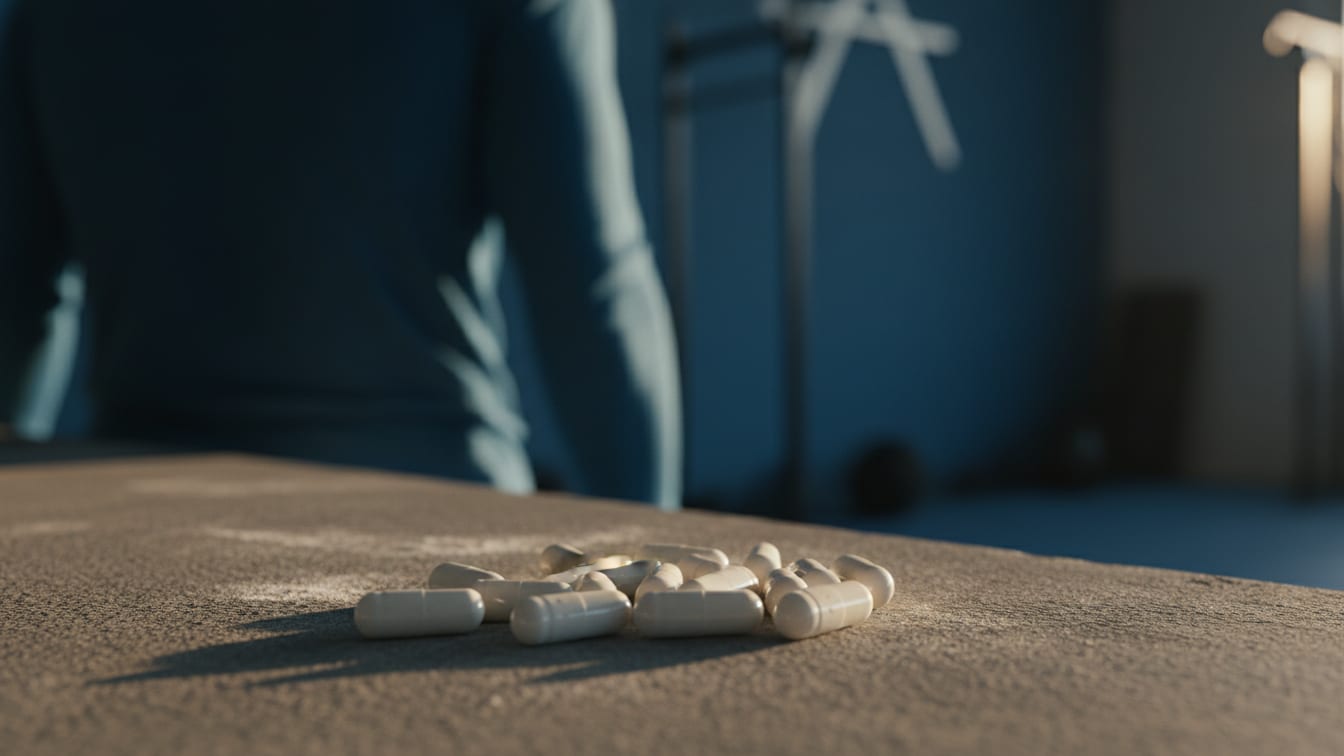 Illustration: A handful of unbranded white creatine capsules on a concrete surface, lit by warm morning light.