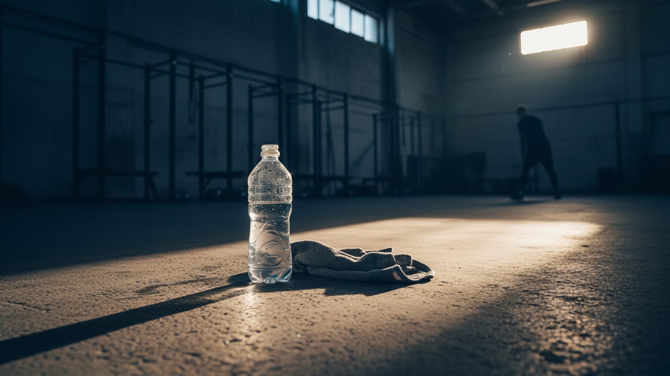 Illustration: A water bottle and towel on a concrete gym floor in morning light.