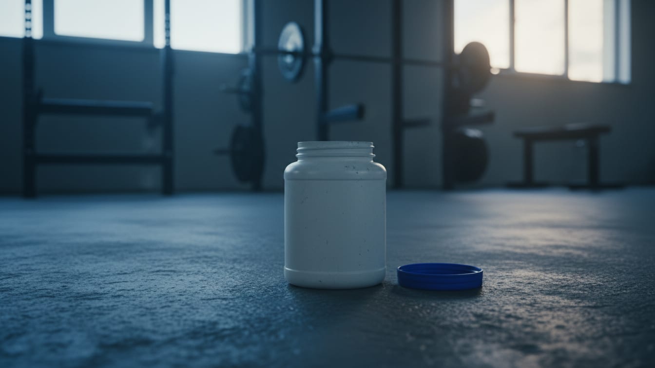 Illustration: An unbranded, empty creatine tub on a concrete gym floor in early morning light.