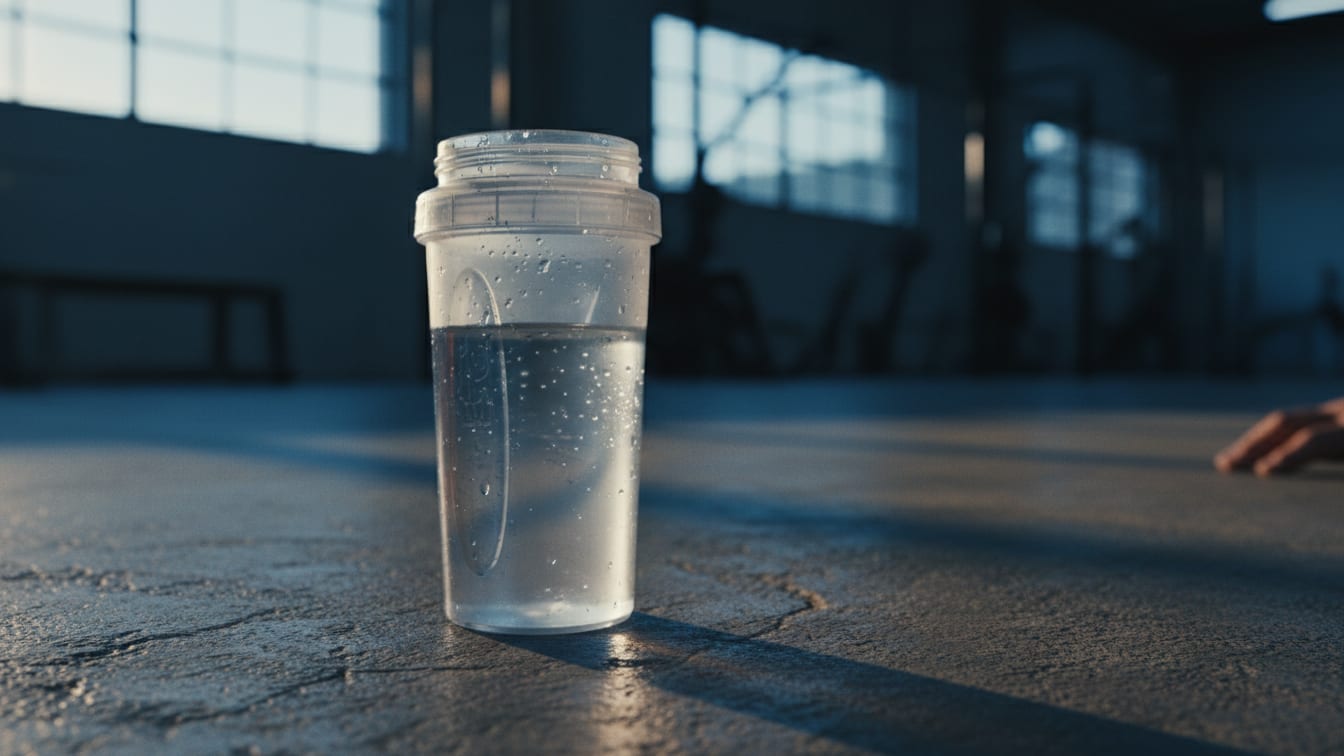 Illustration: An unbranded shaker bottle on a concrete gym floor in early morning light.