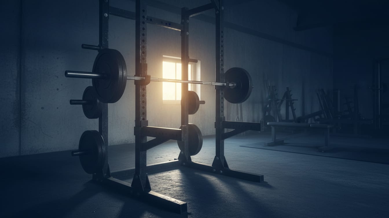 Illustration: A barbell on a squat rack in an empty gym, illuminated by early morning light.