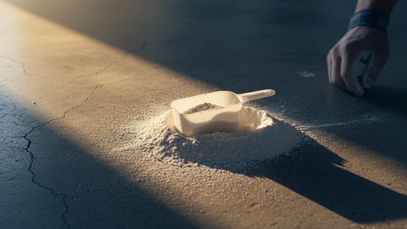 Illustration: A scoop in white powder on concrete, lit by warm morning light.