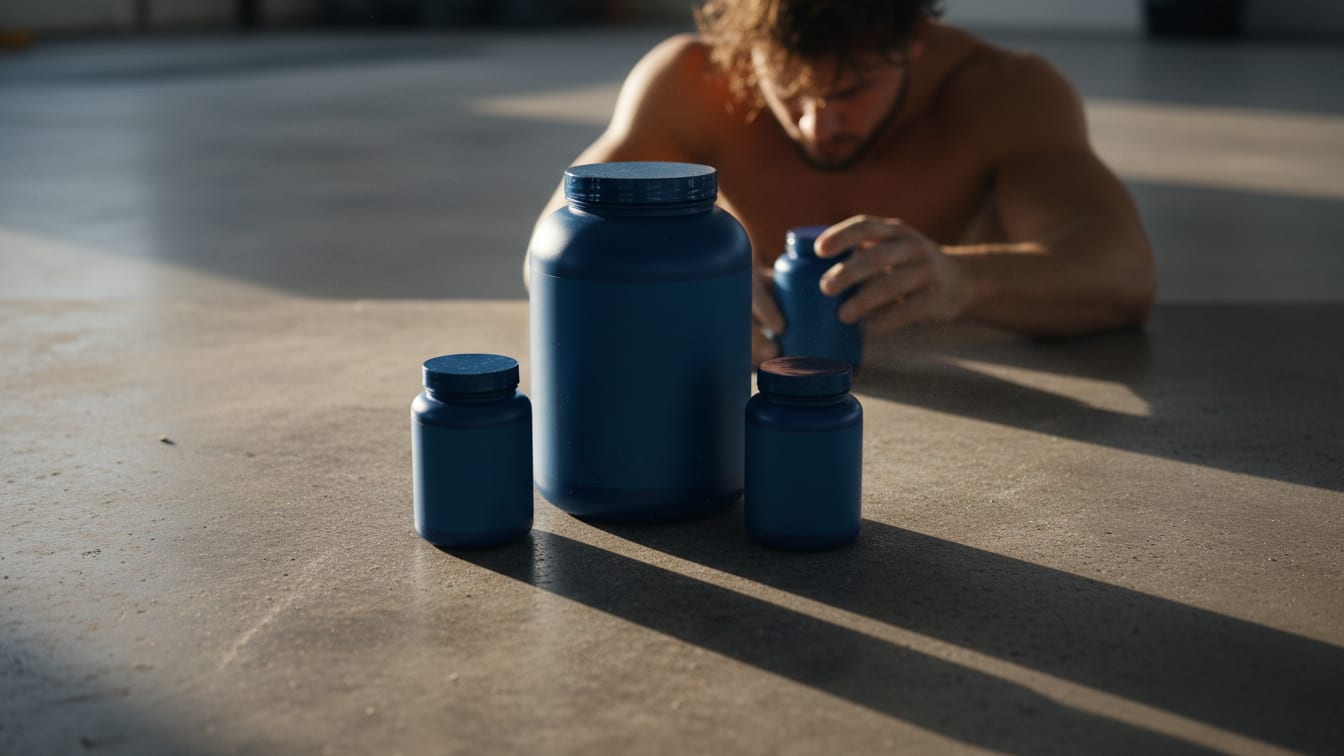 Illustration: Three unbranded supplement containers on a concrete surface in warm morning light.