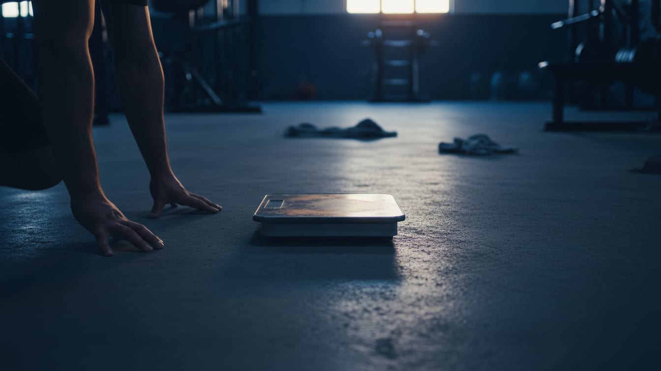 Illustration: A digital scale on a concrete gym floor under cool predawn light with warm highlights.