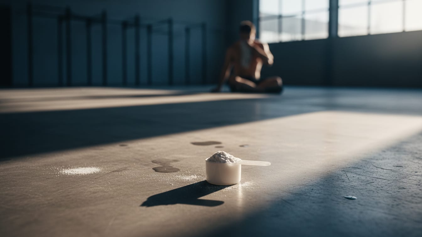 Illustration: A white scoop with creatine powder on a concrete surface in warm light.