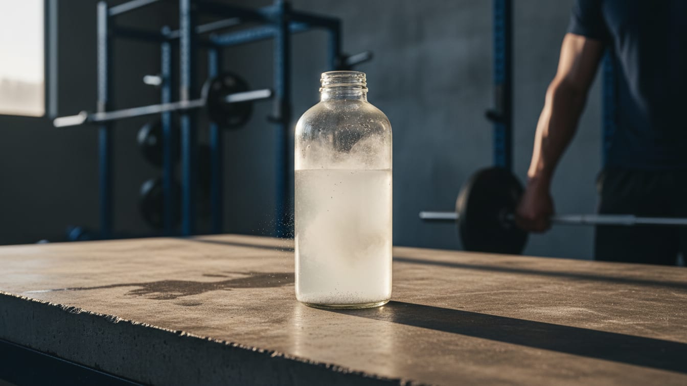 Illustration: A clear glass bottle with a partially dissolved creatine solution on a concrete lab bench in warm morning.