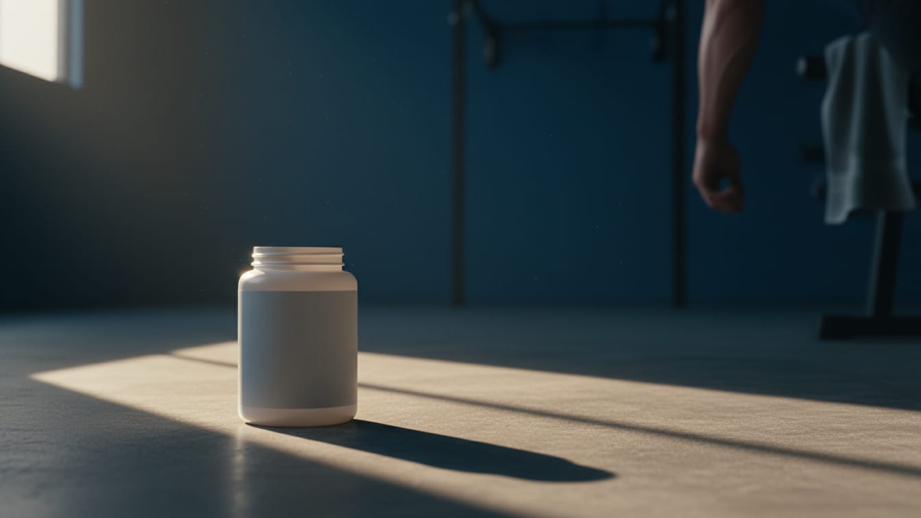 Illustration: An empty, unbranded creatine tub on a concrete surface, lit by warm natural light.