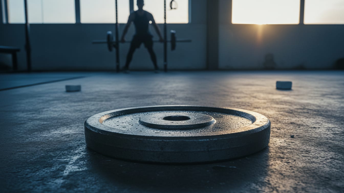 Illustration: A metal weight plate on a concrete gym floor, reflecting cool morning light.