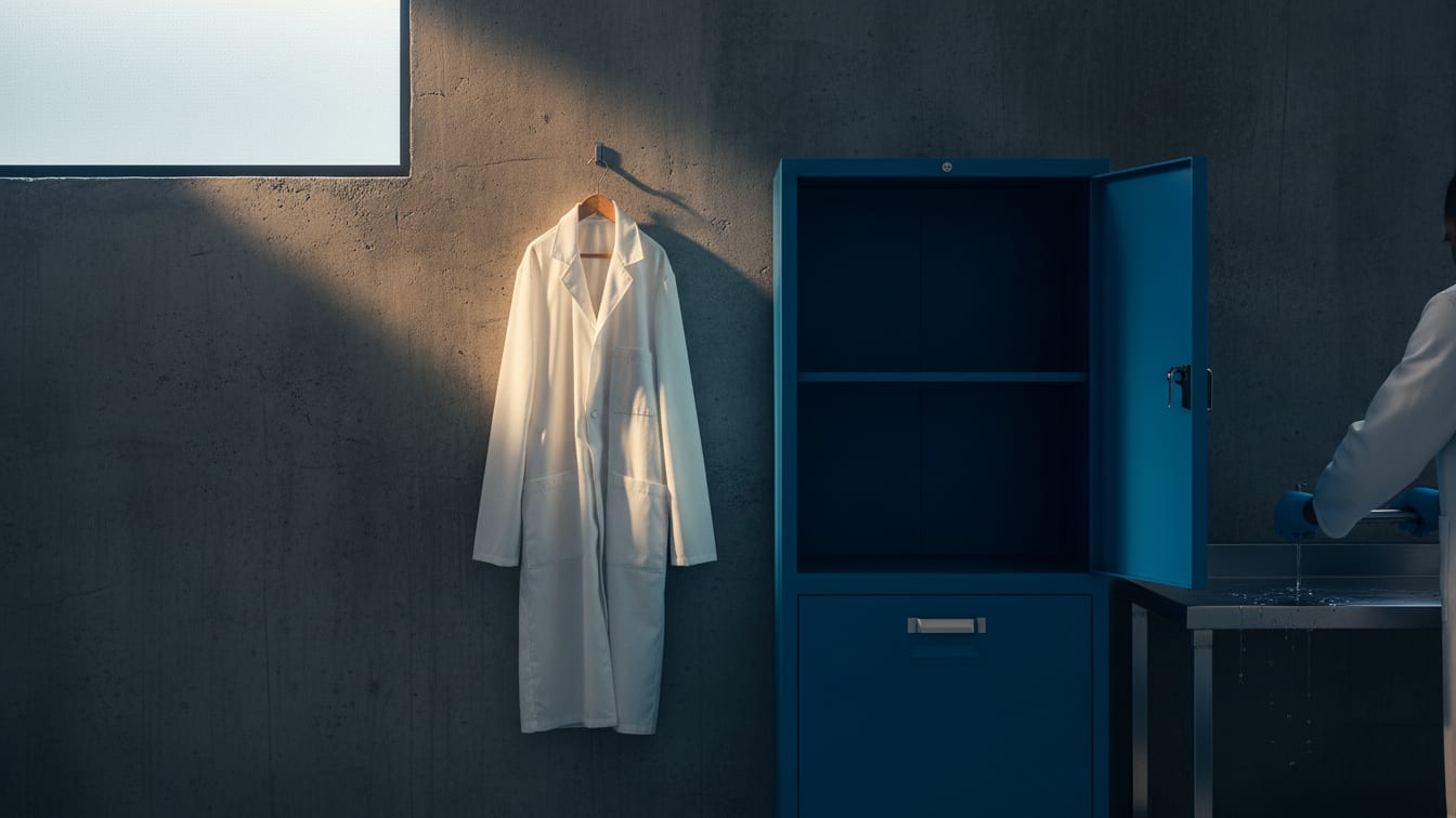 Illustration: A lab coat on a concrete wall, lit by cool morning light, with a deep blue accent.