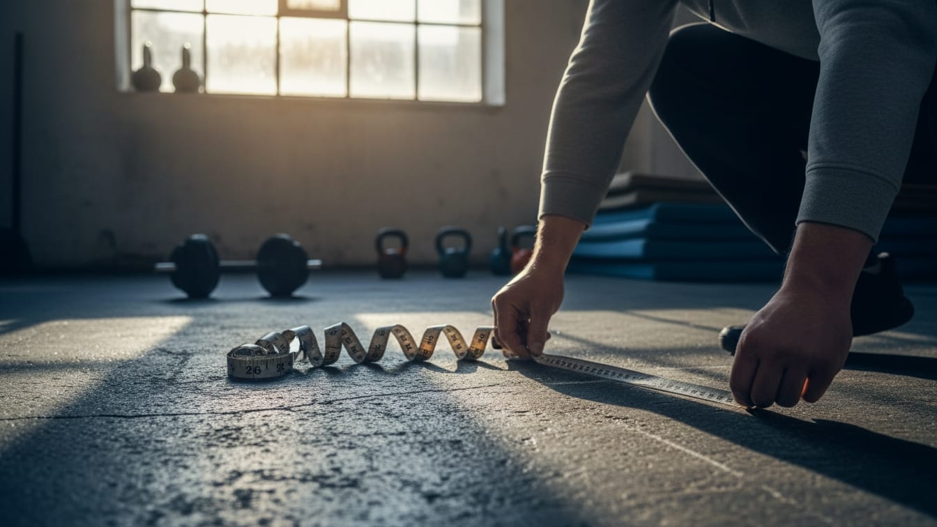 Illustration: A metal tape measure on a damp concrete gym floor in morning light.