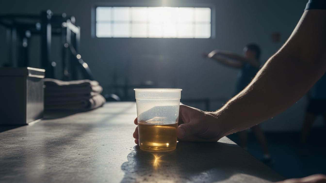 Illustration: A hand resting beside an unbranded urine collection cup on a bench in a gym in early morning light.